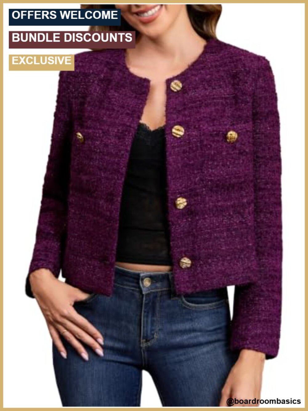 Cropped Tweed Blazer Women Wool Boucle Jacket Office